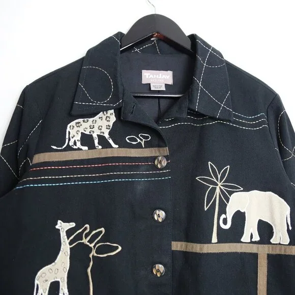 Vintage TanJay Petites Animal Embroidered Button Down Twill Jacket Size Medium - Picture 2 of 8